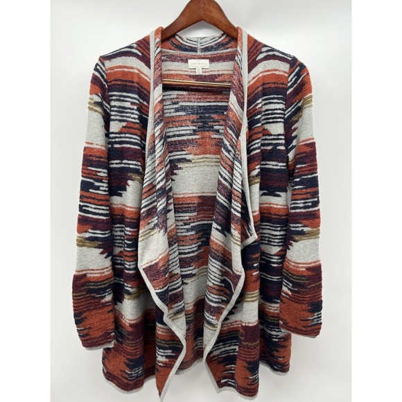Lucky Brand Western Tribal Oversized Open Front Knit Cardigan Earth Tones Sz M‎ - Picture 1 of 9